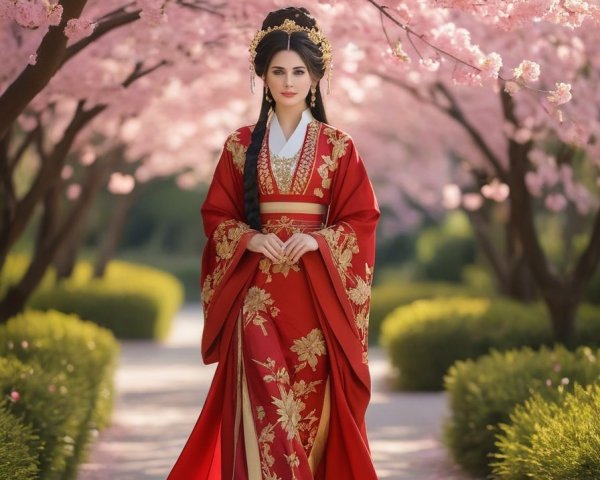 Woman in red traditional outfit among cherry blossoms