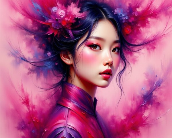 Portrait of a Young Woman with Flowers and Feathers