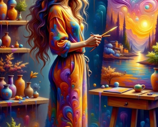 Psychedelic Digital Painting of Woman in Art Studio