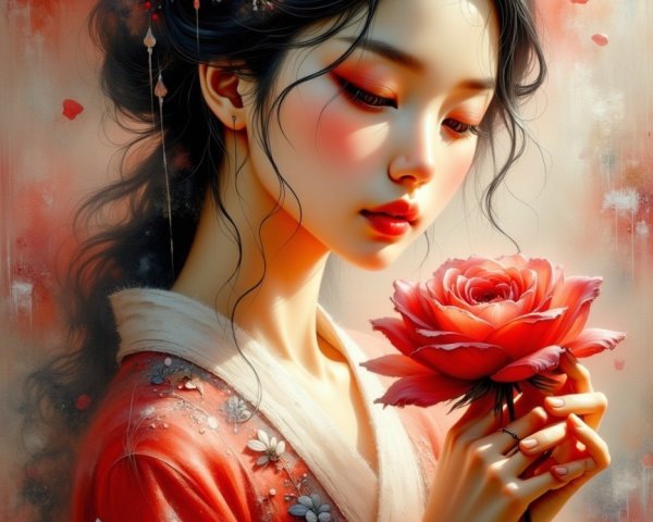 Young Woman in Traditional Attire with Vibrant Rose