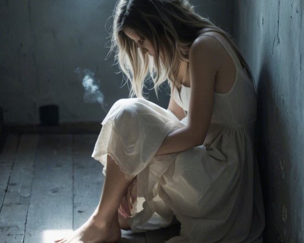 Young woman in white dress on wooden floor with smoke