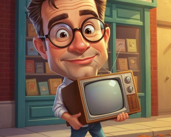 Cheerful Cartoon Character with Vintage Television Set