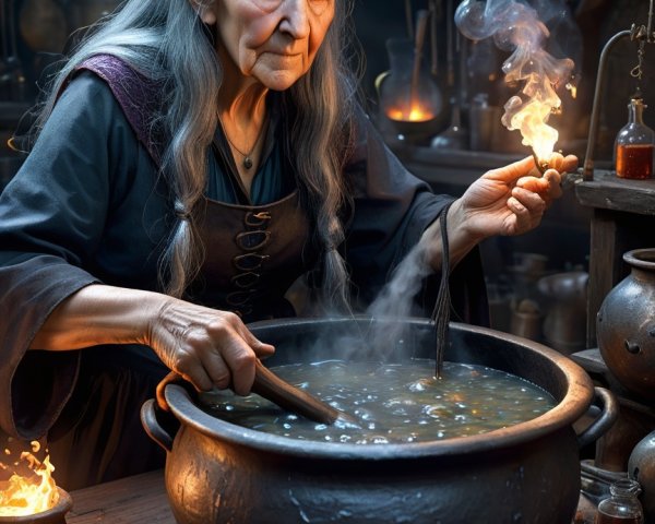 Elderly Woman in Apothecary Stirring Cauldron