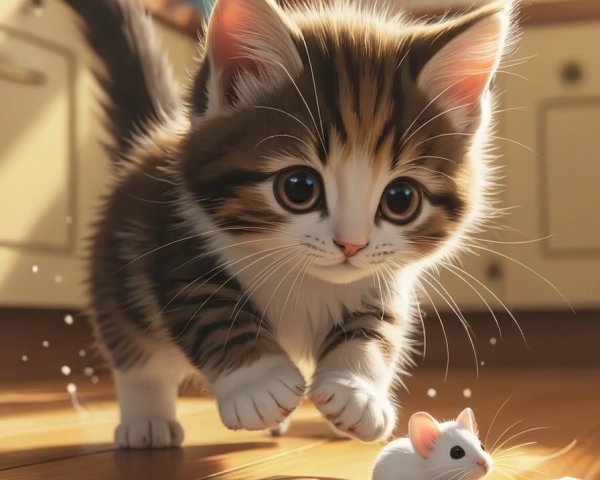 Playful Kitten Chasing Mouse on Sunlit Floor