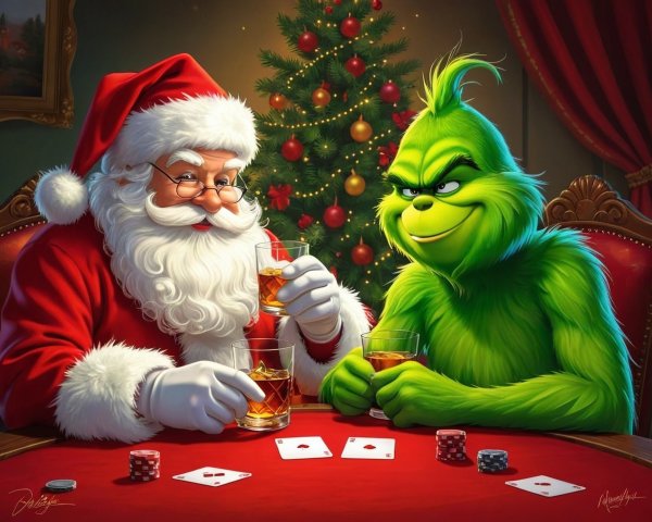 Santa Claus and the Grinch Playing Poker at Christmas