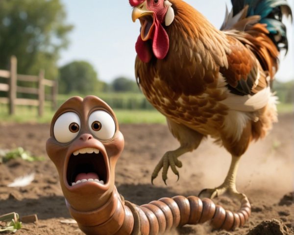 Photorealistic Illustration of Worm and Rooster Interaction
