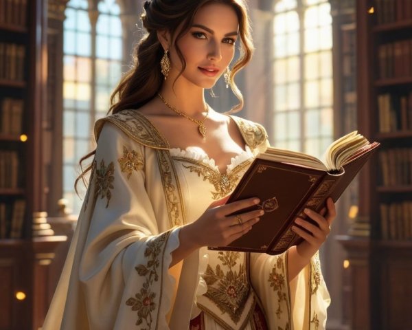 Queen in Elegant Dress with Gilded Crown in Library