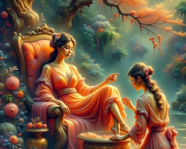 Woman in Orange Gown Relaxing in Autumn Setting