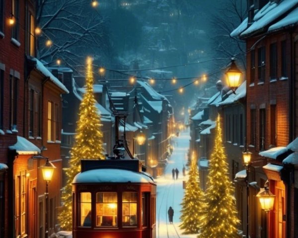 Red trolley on snow-covered tracks at night scene