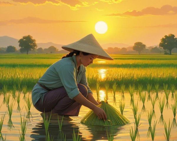 Woman in Traditional Attire Tending Rice Plants at Sunset