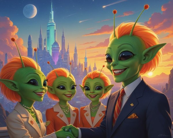 Cartoon Aliens Interacting on Rooftop at Sunset