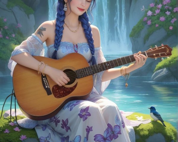 Girl with Purple Hair Playing Guitar by Lake with Flowers