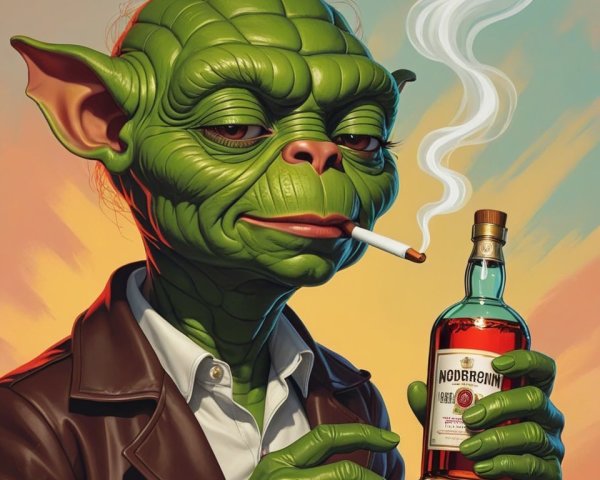 Humanoid character with green skin and whiskey bottle