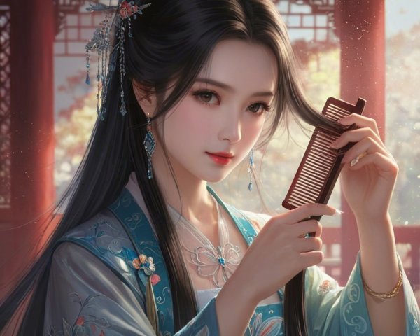 Elegant Woman Combing Hair in Serene Garden Setting