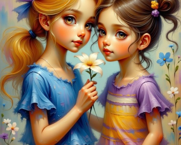 Young girls in a flower field sharing friendship moment