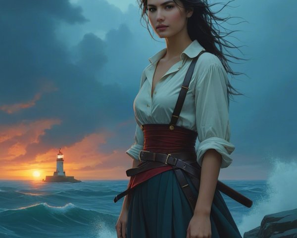 Young woman on rocky shores with lighthouse backdrop