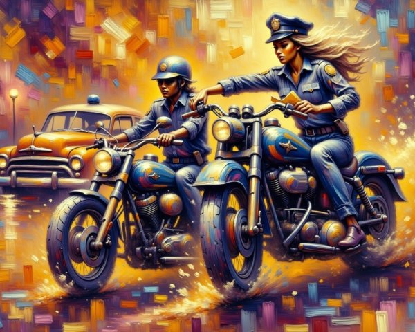 Female Police Officers on Vintage Motorcycles in City