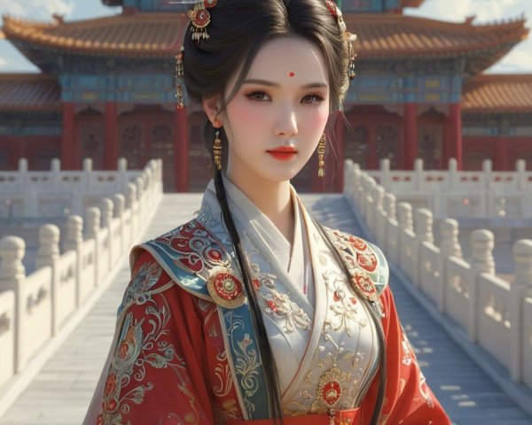 Elegant woman in traditional attire with historical backdrop