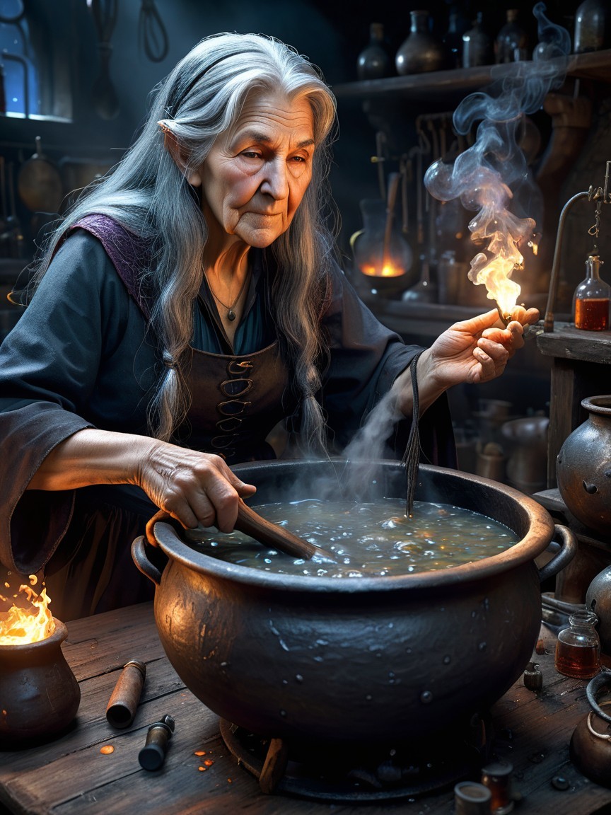 Elderly Woman in Apothecary Stirring Cauldron