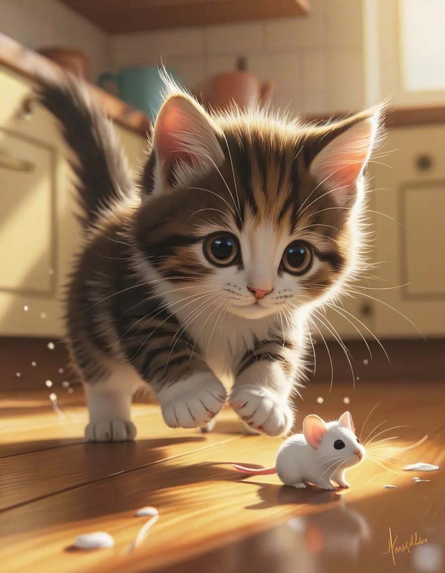 Playful Kitten Chasing Mouse on Sunlit Floor