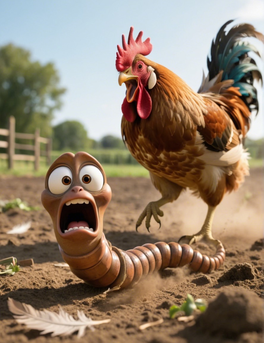 Photorealistic Illustration of Worm and Rooster Interaction