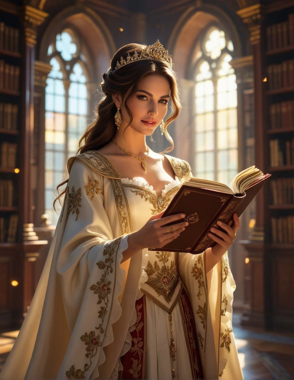 Queen in Elegant Dress with Gilded Crown in Library