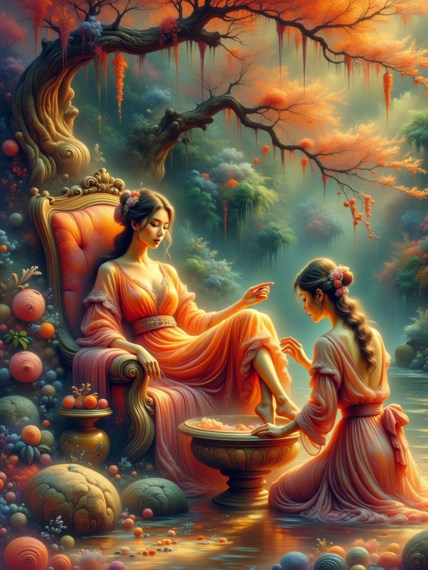 Woman in Orange Gown Relaxing in Autumn Setting