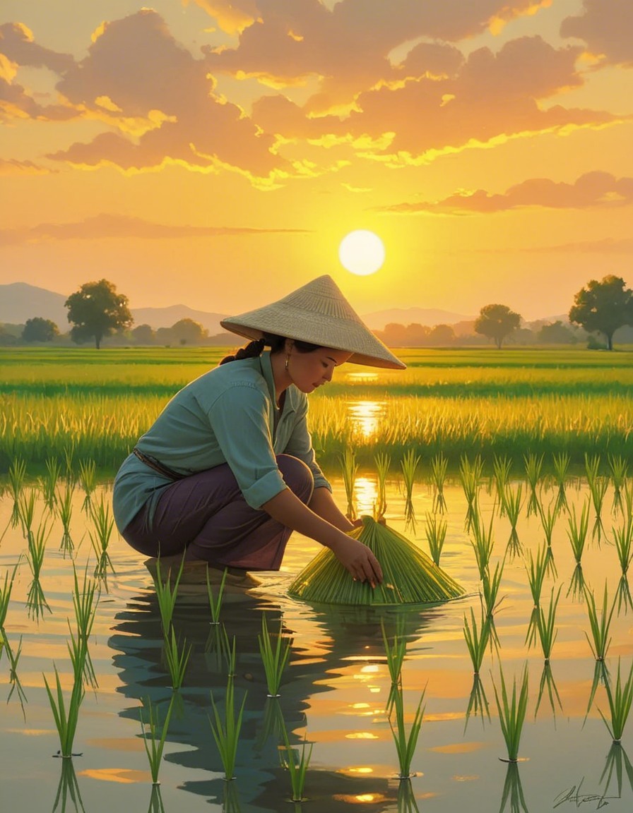 Woman in Traditional Attire Tending Rice Plants at Sunset