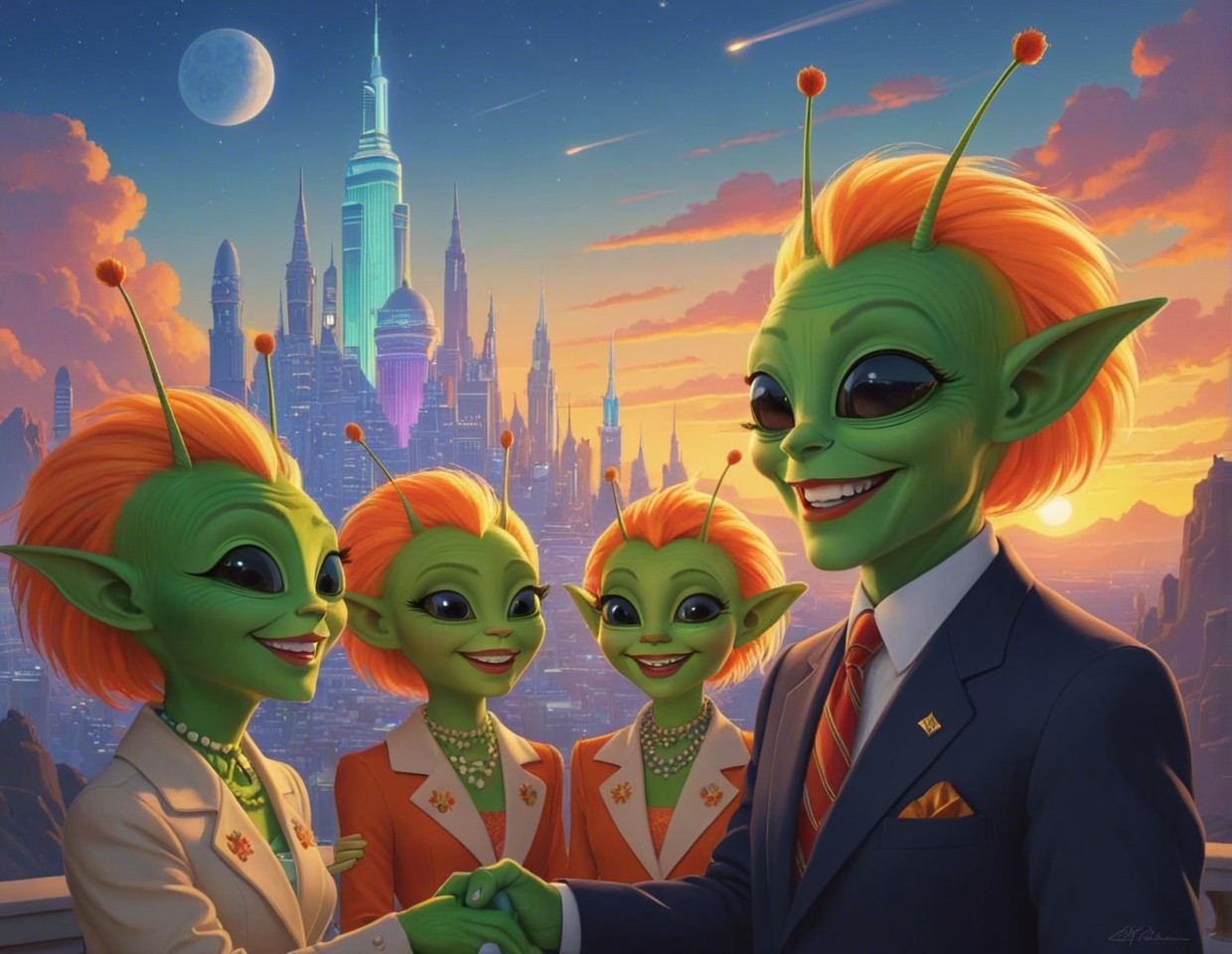 Cartoon Aliens Interacting on Rooftop at Sunset