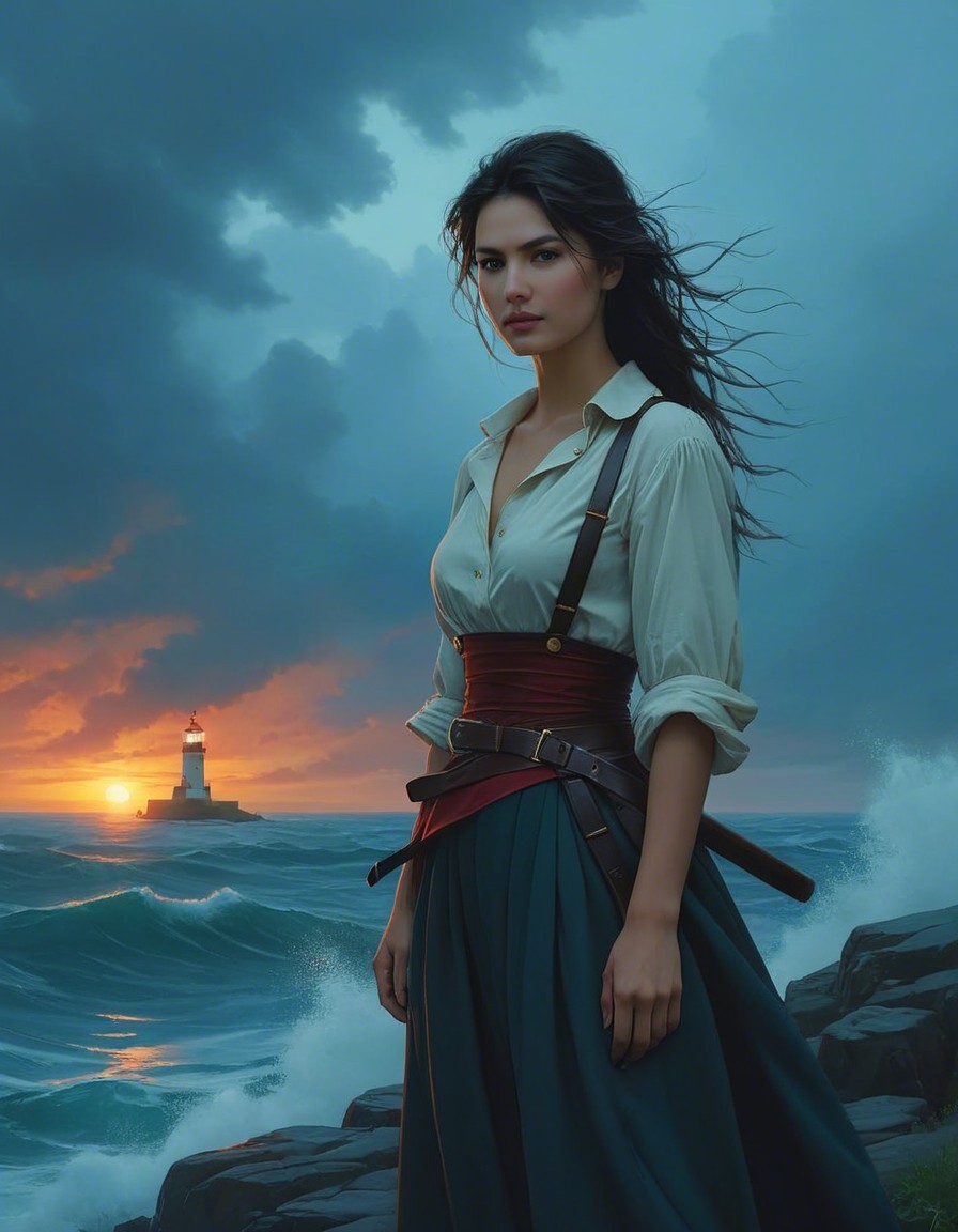 Young woman on rocky shores with lighthouse backdrop