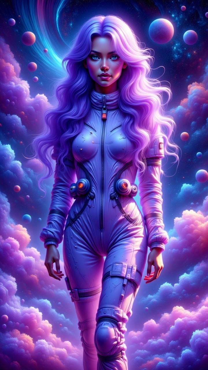 Futuristic figure with purple hair in cosmic setting