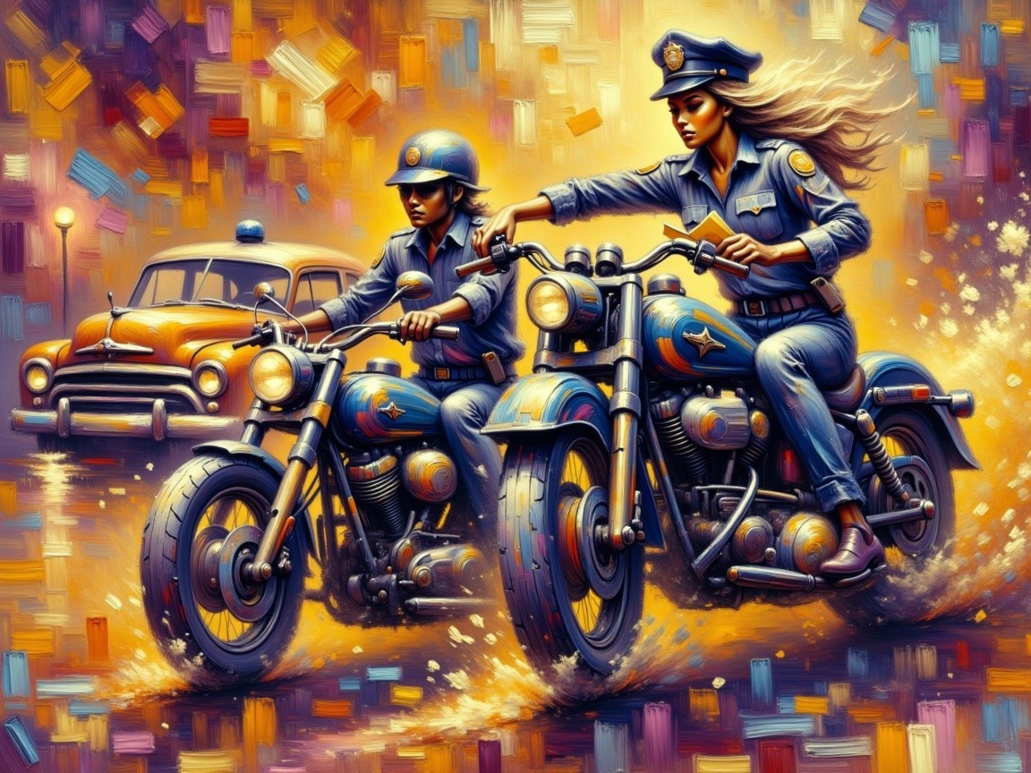 Female Police Officers on Vintage Motorcycles in City