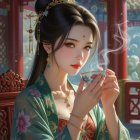 Elegant Woman in Floral Robe with Teacup in Chinese Room
