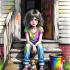 Young girl with puppy on steps, colorful paint scene