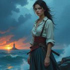 Young woman on rocky shores with lighthouse backdrop