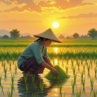Woman in Traditional Attire Tending Rice Plants at Sunset