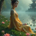 Serene Lake Scene with Woman in Golden Gown