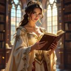 Queen in Elegant Dress with Gilded Crown in Library