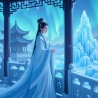 Serene figure in icy blue gown in Chinese pavilion