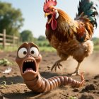 Photorealistic Illustration of Worm and Rooster Interaction