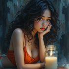 Young woman in orange top with candle in dim light