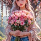Young Woman in Floral Setting with Pink Roses