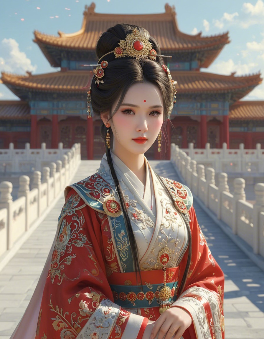 Elegant woman in traditional attire with historical backdrop