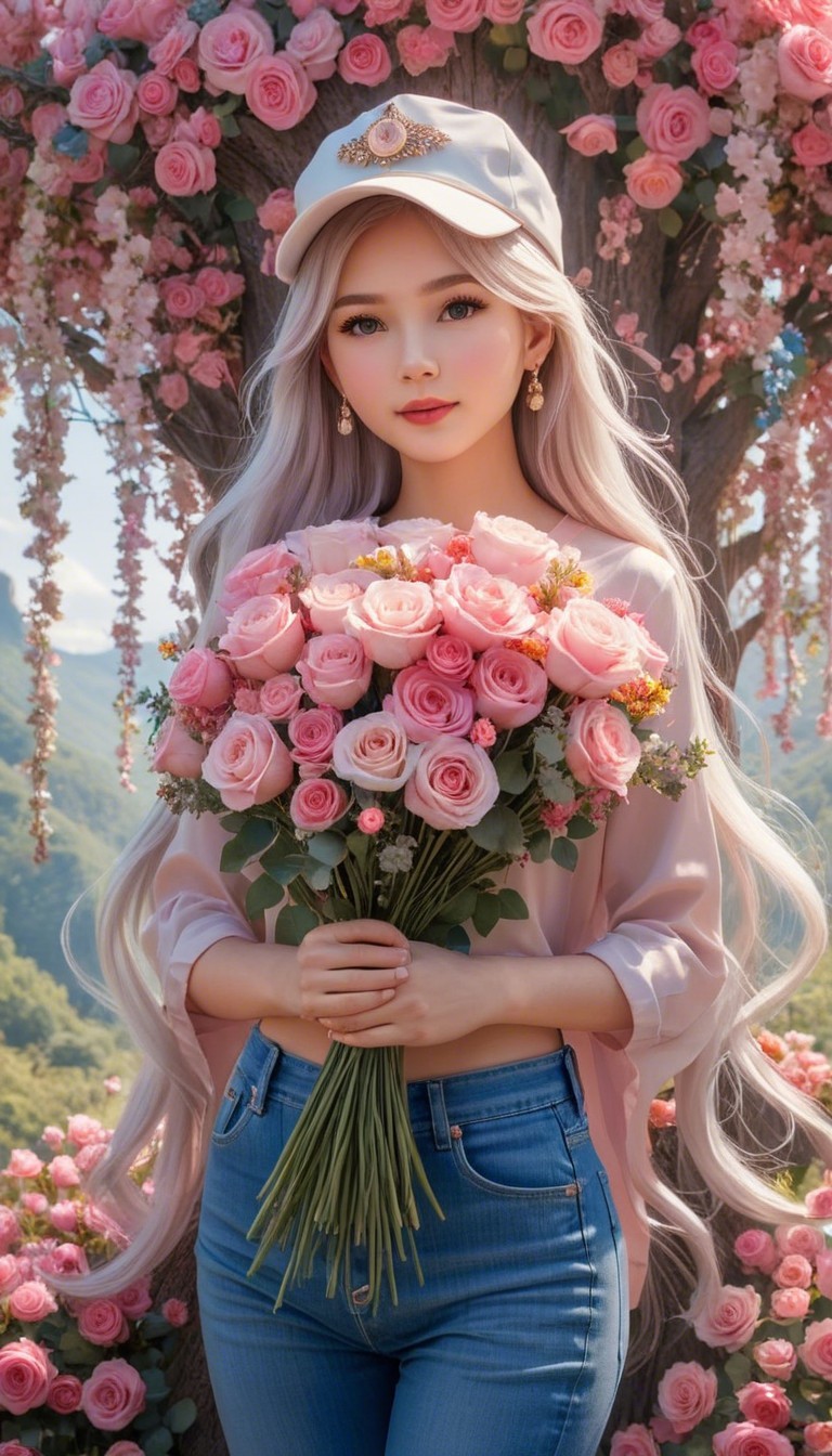 Young Woman in Floral Setting with Pink Roses