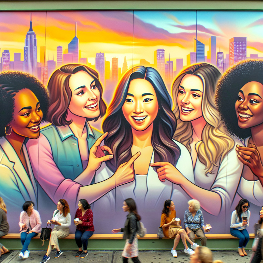 Vibrant Mural of Diverse Women in City Sunset Scene