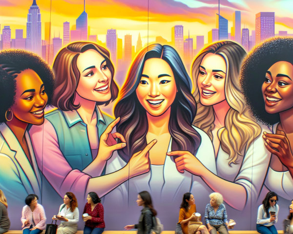 Vibrant Mural of Diverse Women in City Sunset Scene