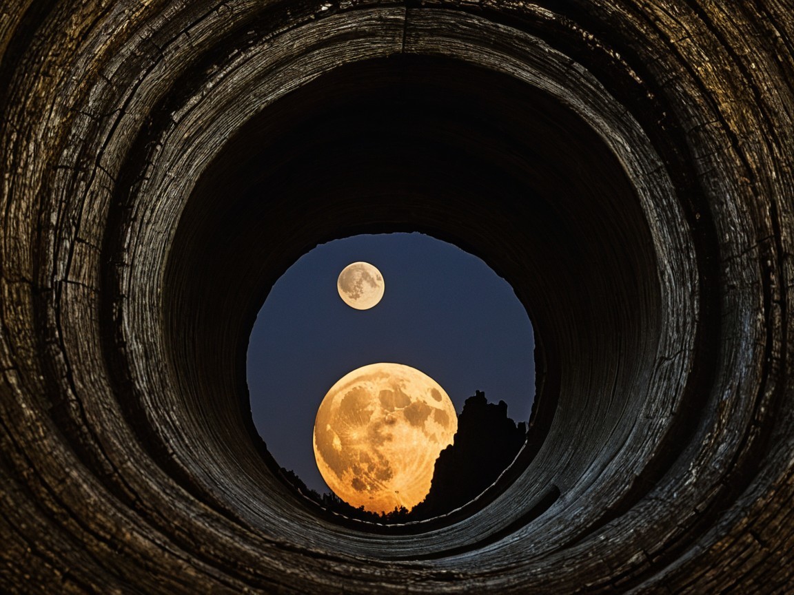 Circular Log Framing Two Moons in Twilight Sky