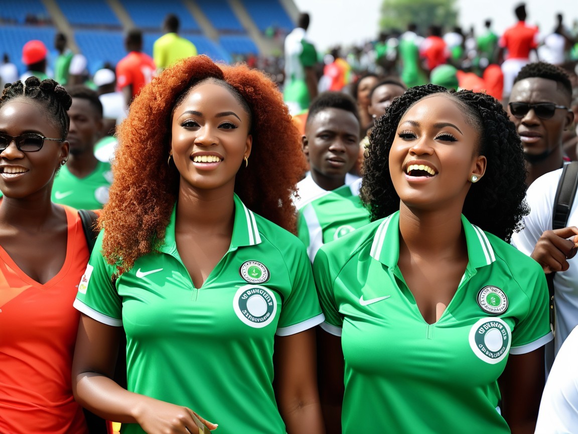 Cheerful women in green jerseys at a sports event