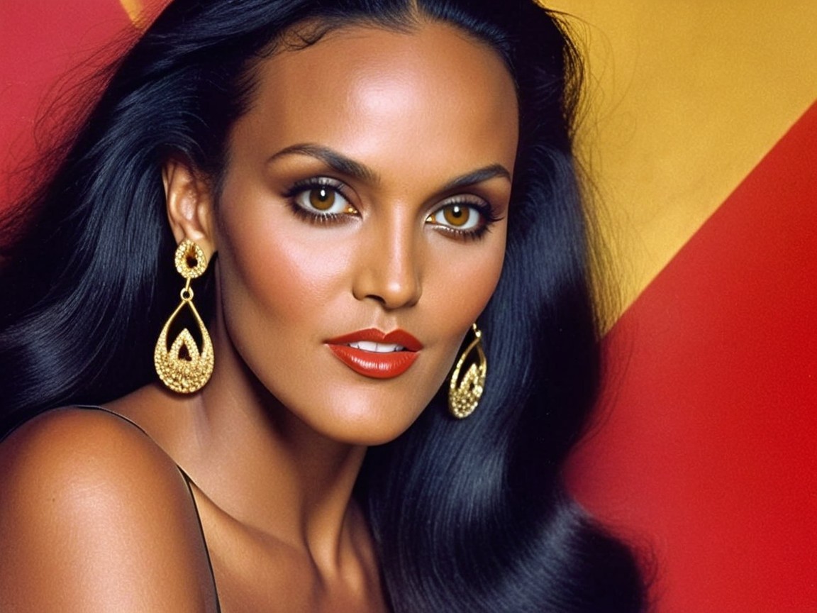 Stunning portrait of a woman with black hair and gold accents