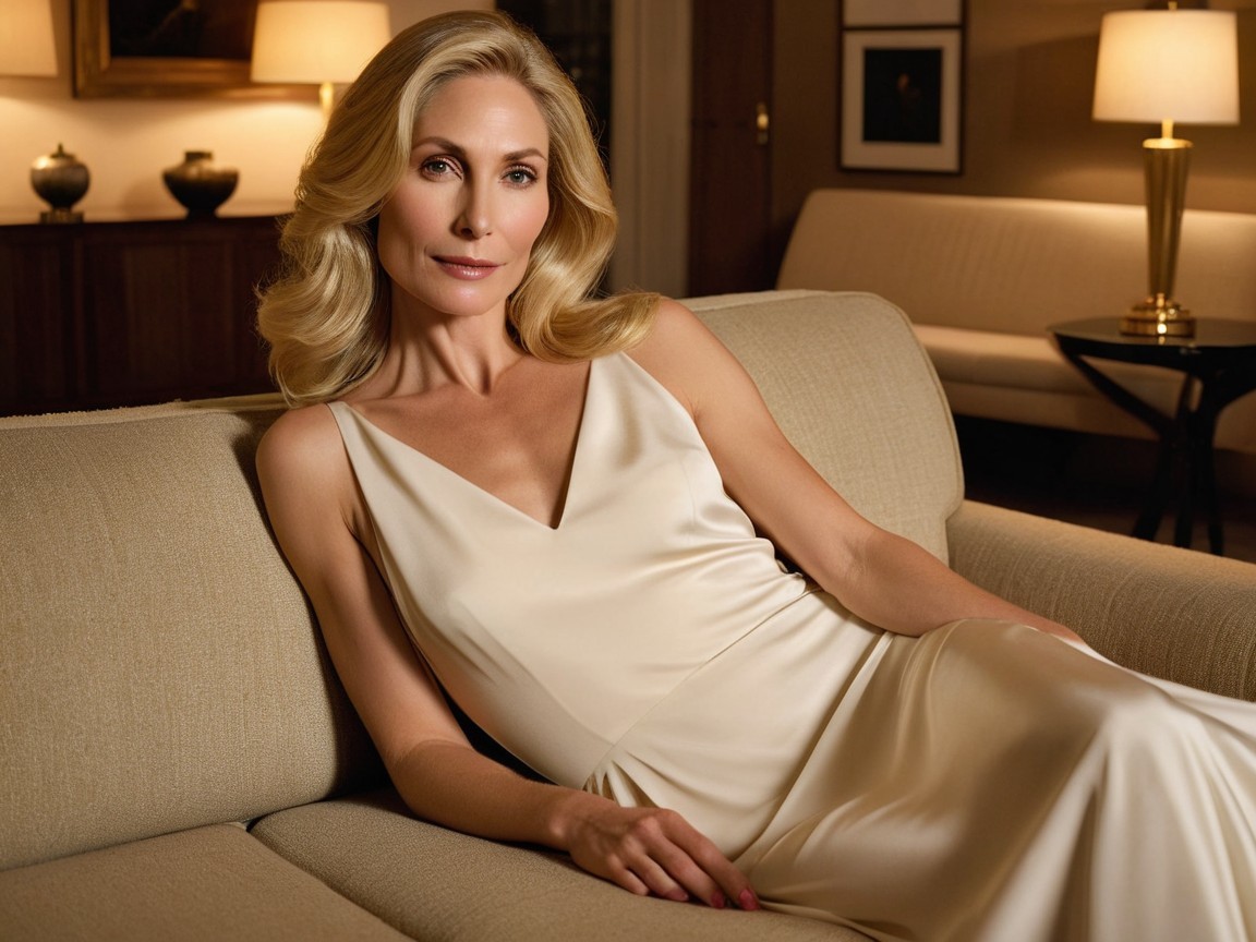 Elegant Woman in Satin Dress on Beige Sofa